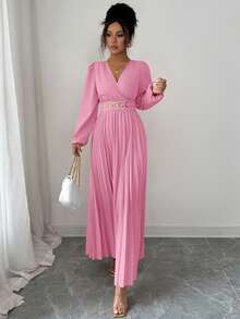 Elenzga Elegant Pleated Dress, Suitable For Back To School, Birthday, Wedding - Baby Pink - View 4