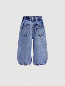 SHEIN Baby GirlCute Cartoon Deer Pattern Blue Denim Loose Pants - Medium Wash - View 6