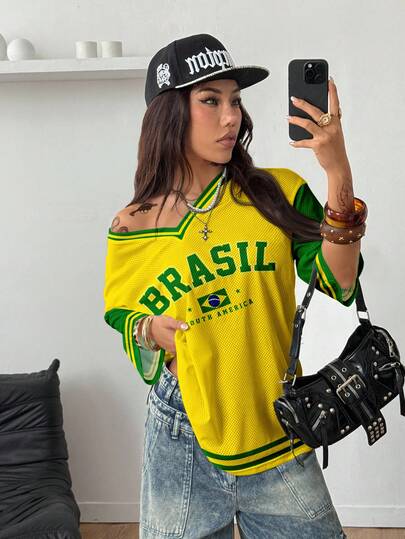 Coolane Lässiges minimalistisches Sport-Stil grün & gelb Kontrast Buchstaben Platzierung Muster Mesh Damen T-Shirt, geeignet für Sommer & Sportseason