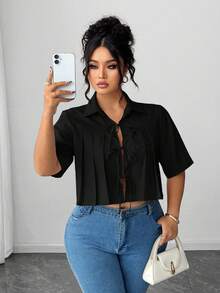 Elenzga 女士褶裥蝴蝶结前短款优雅衬衫 - 黑色 - 查看 5