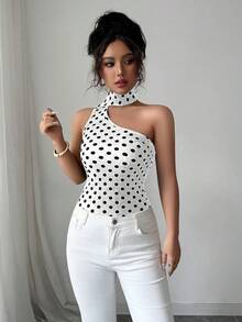 Elenzga Women's Y2K Polka Dot Print Fitted Halter Neck Camisole - White - View 7