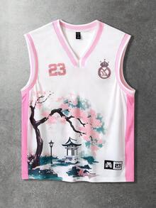 ROMWE MEN Prep Men's Casual Cherry Blossom Print Street Style Tank Top, Spring/Summer - White - View 5