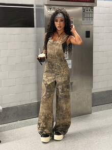 StreetHx Fashionable Casual Street Style Floral Print Denim Jumpsuit - Brown - View 4