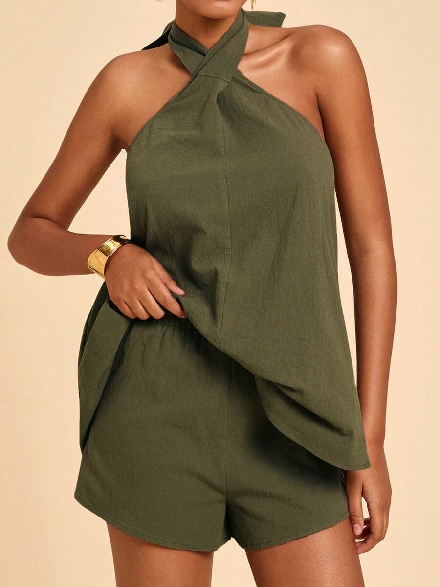 Travachic 女士简约纯色吊带背心和短裤两件套，夏季，嘉年华 - 綠色 - 查看 1