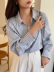 DAZY Blue Striped Casual Design Office/Commute Long Sleeve Shirt For Women, Spring/Summer, Valentine's Day
