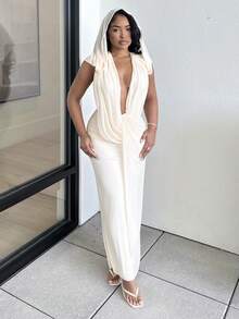 Alexandranx Deep Draped Neck Sleeveless Apricot Mesh Knit Bodycon Dress, Wedding Style,Fall Wedding Guest Dress - Apricot - View 6