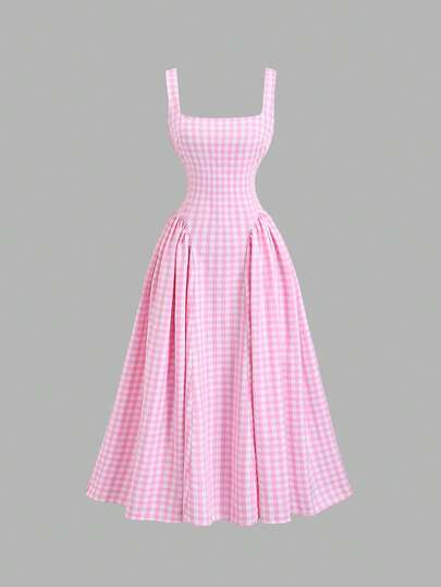 Sweetra French Romantic Plaid Flared Skirt Sweet Puff Dress Spaghetti Strap Summer Dress For Women