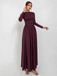 Aloruh Đầm dệt kim dài tay xếp ly màu trơn dành cho nữ - Màu Tím - Xem 3