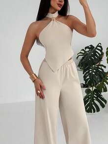 Aloruh Conjunto de 2 piezas elegante y ajustado para mujer, atuendo minimalista para el viaje diario - Albaricoque - Ver 6