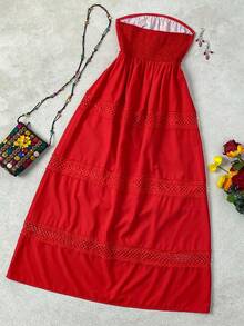 EMERY ROSE 女士休闲波西米亚风多层镂空蕾丝拼接露背印花长裙 - 紅色 - 查看 2