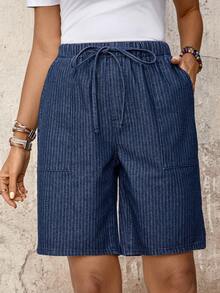 EMERY ROSE Mature Denim Quần short denim kẻ sọc, cạp chun, có túi, kiểu dáng thường ngày. - Màu xanh lam - Xem 3
