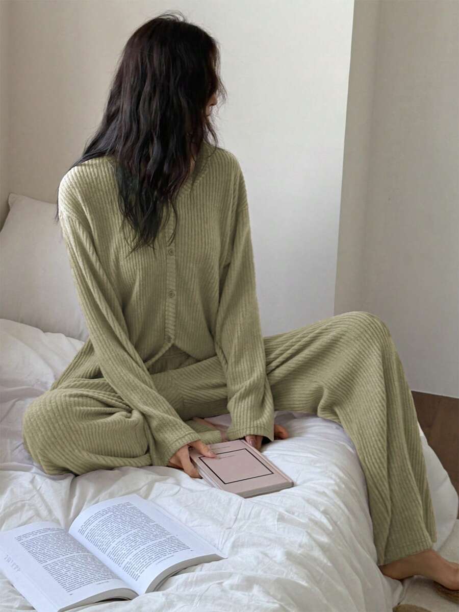 DAZY 2件套女士休闲条纹抓绒开衫和直筒裤睡衣套装，春季 - 綠色 - 查看 1