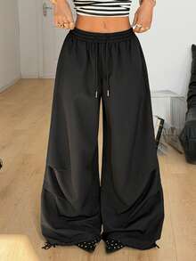 Coolane Quần nữ màu đen dệt kim, ống rộng, cạp chun, dáng suông, thoải mái - màu đen - Xem 5