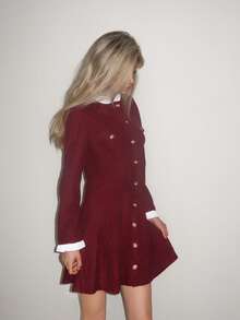 Sydney Algeri Gaun Lengan Panjang Elegan dengan Kerah Tegak dan Kancing Depan, Warna Kontras, Warna Burgundy, Pakaian Wanita untuk Musim Gugur - Burgundy - View 4