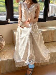 FRIFUL Women's Summer Casual Vacation V-Neck Contrast Lace Tie Shoulder Waist Cinched Dress - Beige - View 8