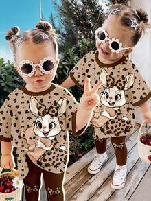 SHEIN Baby Girl Cartoon Print Round Neck Short Sleeve T-Shirt And Leggings Casual Outfit, Suitable For Spring/Summer, Daily Wear - Multicolor - View 3