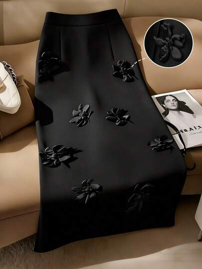 GlowEve CURVE Plus Size Women's Solid Color Elegant 3D Floral Decor Dual Pocket Fashionable Versatile A-Line Skirt