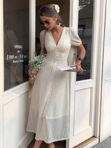 Elyressa 女士优雅长款编织连衣裙，夏季 - 杏色 - 查看 1