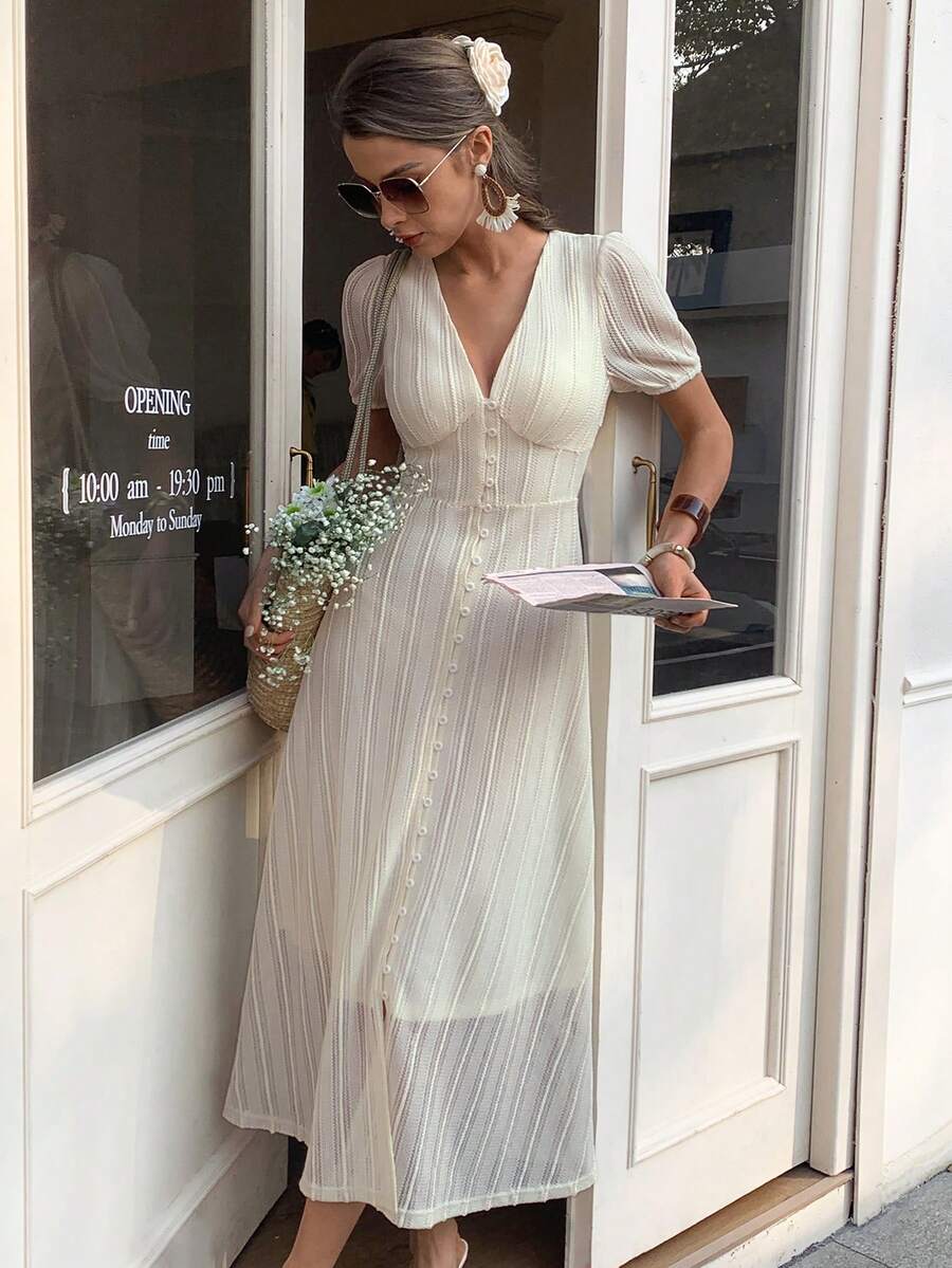 Elyressa 女士优雅长款编织连衣裙，夏季 - 杏色 - 查看 1