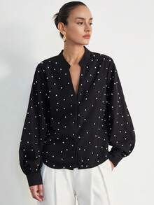 Aveloria Modichic Women's Casual Loose Fit V-Neck Beaded Design Long Sleeve Blouse, Comfortable For Commuting - Black - View 4