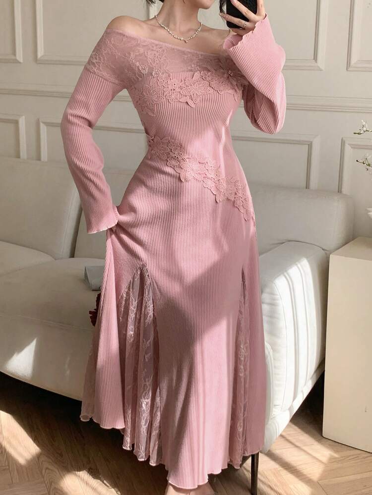 Spring/Summer Lace Patchwork Midi Dress, Elegant For Wedding, Party, Formal Occasions, Commuting, Pink Sundress Off The Shoulder