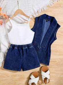 SHEIN Tween Girl Denim Sleeveless Jacket + White Camisole + Blue Denim Shorts 3-Piece Set - Dark Wash - View 3