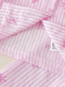 SHEIN Vintaside Kids 2件套女婴韩版可爱蝴蝶印花短袖翻领衬衫搭配白色梭织喇叭粉色蝴蝶裤套装，夏季两件套连衣裙衬衫和裤子，女婴公主休闲裤套装，正式粉色女婴休闲裤套装 - 粉色 - 查看 7