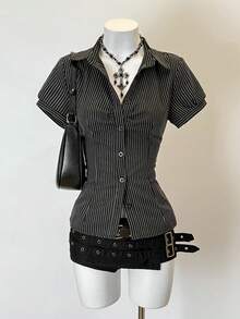 Jeanoix Women's Retro Striped Fabric Y2K Style Fitted Office Shirt - Black and White - View 1