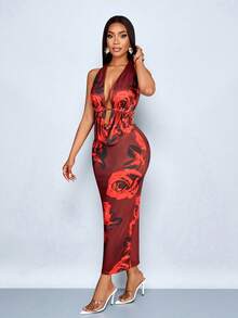 SOLERSUN Women's Elegant And Sexy Rose Halter Neck Vest And Skirt Two Pieces Set, Suitable For Dating, Valentine's Day - Red - View 6