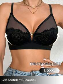 DesireSculpt 1pc Women's Lace Patchwork Wireless Bra - Black - View 3