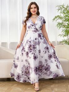 Reflora 大码女士优雅印花连衣裙，夏季婚礼礼服 - 彩色 - 查看 3