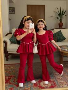 Young Girls T-Shirt Co-Ords - Burgundy - View 5