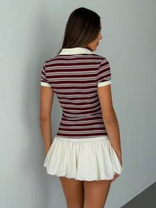 Aloruh 女士休闲 Polo 领修身条纹印花短袖 T 恤 - 彩色 - 查看 9