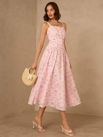 Enchnt New Arrival Spring/Summer Romantic Fashion Pink Embroidered Floral Print Sling A-Line Dress, Chic&Elegant For Date&Going Out&Vacation&Valentine's Day, Spring Dress, Summer Dress,Holiday Outfit For Women,Elegant Dresses For Women