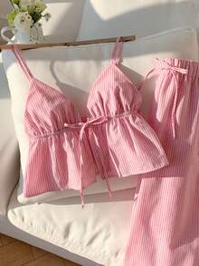 Comfortcana 女士两件套编织条纹休闲度假套装，春夏款 - 粉色 - 查看 5