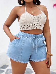 Slaydiva Quần short denim ôm sát, cạp chun, cỡ lớn, màu xanh dương - Rửa nhẹ - Xem 4