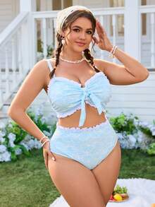 Swim Mod Plus Size 2pcs Floral Print Bandeau Bikini Set With Detachable Straps And High-Waisted Bottoms, Suitable For Summer Beach Vacation - Blue and White - View 3
