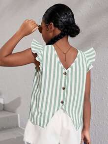 Tween Girls' Striped Cap Sleeve Casual Vacation Shirt, Spring/Summer - Green - View 7
