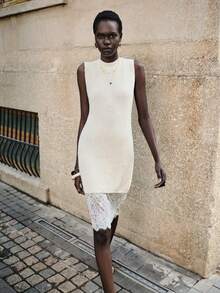 Lumivelle Sleeveless Round Neck Loose Lace Patchwork Sweater Dress Creme Dress Lace-Trimmed Hem - Beige - View 4