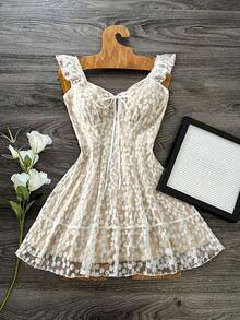 Flirla Beige Plus Size Women Daisy Embroidery Ruched Waist Mini Dress,Slim Fit Spaghetti Strap Summer Curve Party Wedding Guest Holiday French Style Dress - White - View 1
