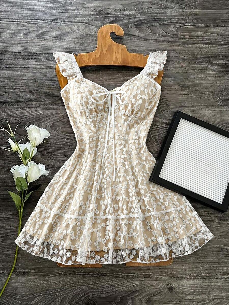 Flirla Beige Plus Size Women Daisy Embroidery Ruched Waist Mini Dress,Slim Fit Spaghetti Strap Summer Curve Party Wedding Guest Holiday French Style Dress - White - View 1