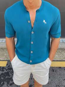 Airaco Casual Men's Loose Fit Single-Breasted T-Shirt With Horse Embroidery - Blue - View 4