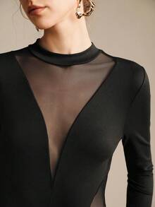 Arave Women's Fashion Sheer Mesh Patchwork Long Sleeve Bodysuits