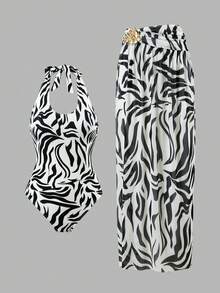 Swim Oasis Bộ áo tắm liền thân cổ yếm họa tiết da báo dành cho nữ, kèm váy che ngoài cùng màu, thích hợp cho kỳ nghỉ. - Đen và trắng - Xem 3