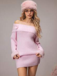 SHEIN 女士纯色3D立体花卉装饰露肩休闲长袖睡衣上衣 - 粉色 - 查看 1