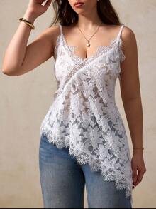 Elegantrix Áo hai dây nữ cỡ lớn kiểu dáng thanh lịch thành thị, khoét lỗ, phối ren, dệt jacquard, màu trơn, vạt bất đối xứng, thích hợp cho mùa xuân/hè. - trắng - Xem 3