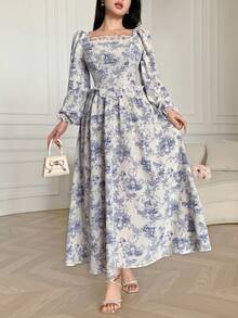 Feyla Đầm nữ thanh lịch in hoa phối ren tay phồng - Xanh và trắng - Xem 6