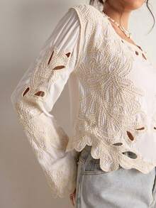 Freevana كنزة صوفية كروشيه مجوفة عتيقة بوهيمية، ملابس علوية كاجوال فضفاضة للربيع، كنزة صوفية محبوكة متعددة الاستخدامات للربيع - لون مشمشي - مشاهدة 1