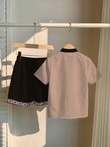 SHEIN 2pcs/Set Young Boy Shirt + Shorts, Casual Minimalist Design, Classic Retro Traditional Pattern Print, Suitable For Summer - Multicolor - View 3