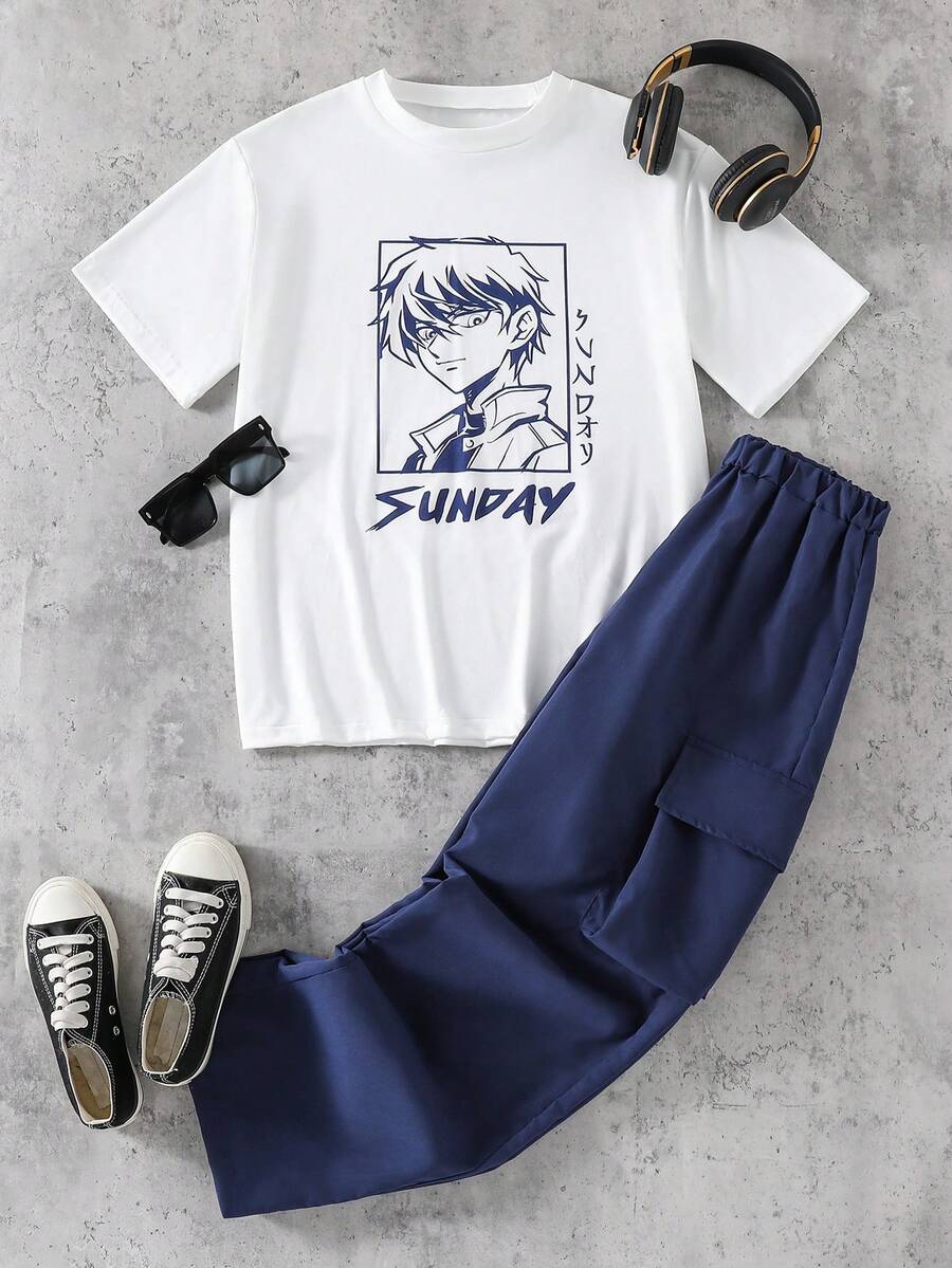 SHEIN Set 2 buc. tricou negru la modă și pantaloni casual albi pentru adolescenți - Albastru - Vizualizare 1